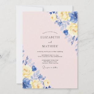 Cornflower Yellow Blush Rose Wedding Invitation