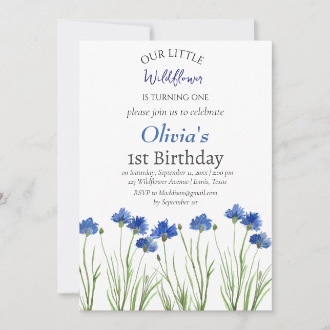 Cornflowers 1st First Birthday Girl Blue Floral  Invitation (Front)