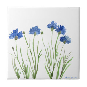 Cornflowers blue floral watercolor rustic chic tile
