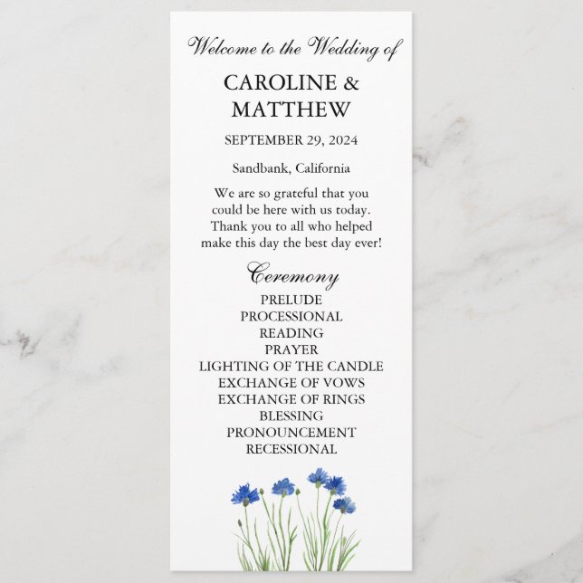 Cornflowers Blue Floral Wildflower Wedding  Program (Front)