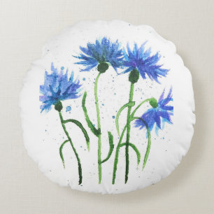 Cornflowers blue flowers watercolor Summer Trendy Round Pillow