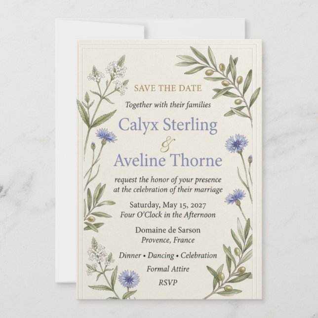 Cornflowers, Olive Branches, White Blossoms, Borde Invitation (Front)