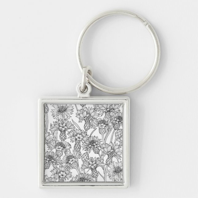 Cornflowers, wild flowers in black and white keychain (Front)