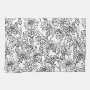 Cornflowers, wild flowers in black and white kitchen towel