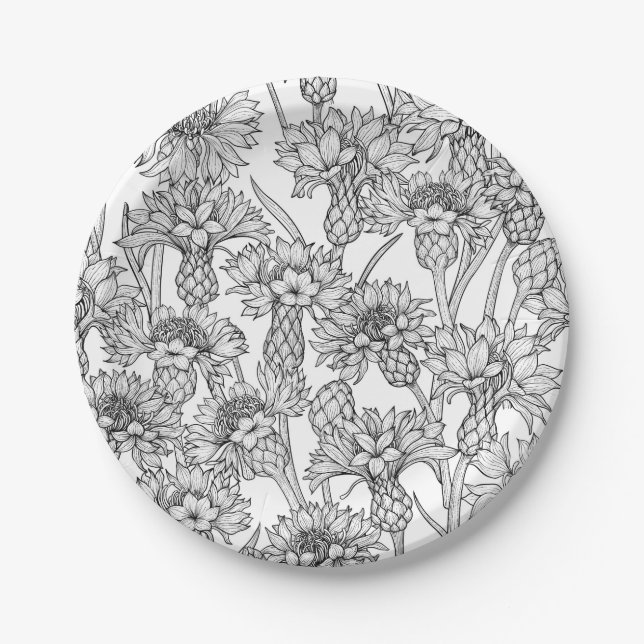 Cornflowers, wild flowers in black and white paper plate (Front)