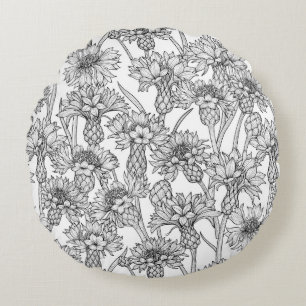 Cornflowers, wild flowers in black and white round pillow