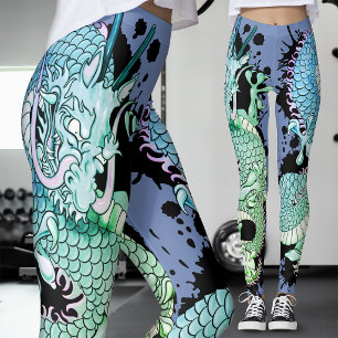 Cornfower blue and Green Splash Dragon Tattoo Leggings