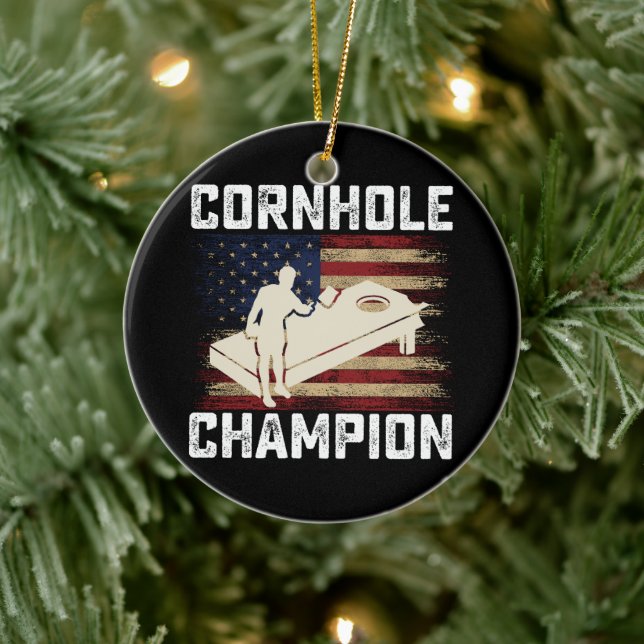 Cornhole Champion American Flag USA 4th OF July  Ceramic Ornament (Tree)