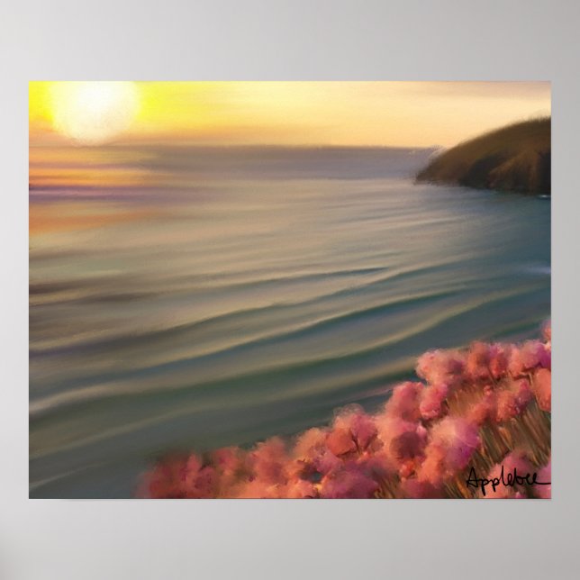 Cornish cliffs and sea pinks at sunset poster (Front)