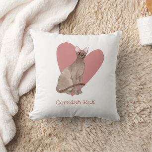 Cornish Rex Cat Watercolor Kitty Pink Heart Throw Pillow