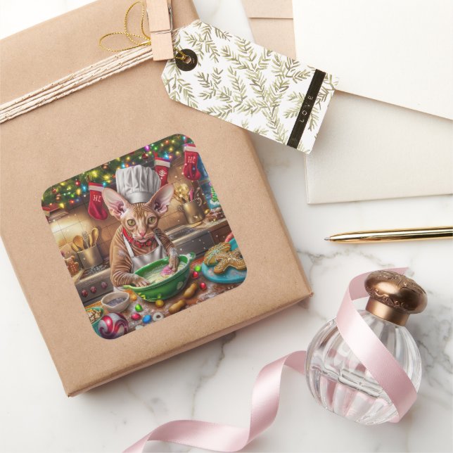Cornish Rex Holiday Baking: Festive Christmas Square Sticker (Gifting)