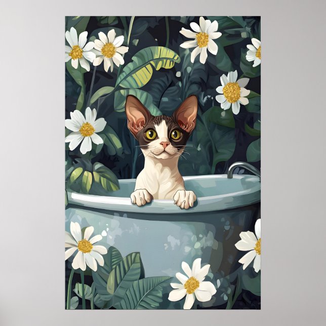 Cornish Rex In Bathtub Poster, Funny Cat Poster (Front)