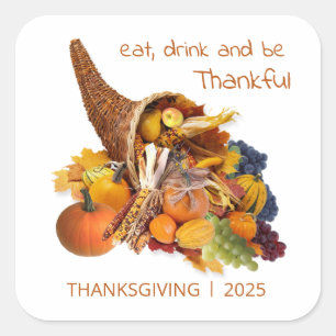 Cornucopia, Eat, Drink & Be Thankful Thanksgiving Square Sticker
