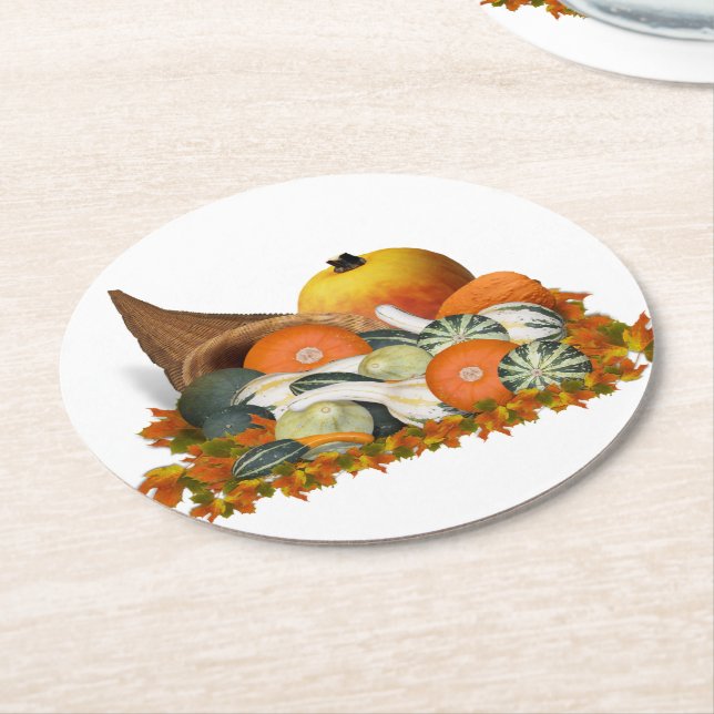 Cornucopia Gourds Thanksgiving Round Paper Coaster (Angled)