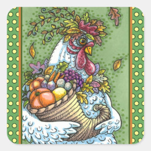 CORNUCOPIA HEN, THANKSGIVING CHICKEN FALL HARVEST SQUARE STICKER