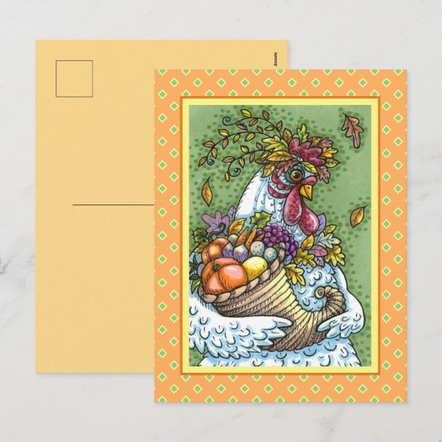 CORNUCOPIA HEN, THANKSGIVING CHICKEN HARVEST HOLIDAY POSTCARD (Front/Back)