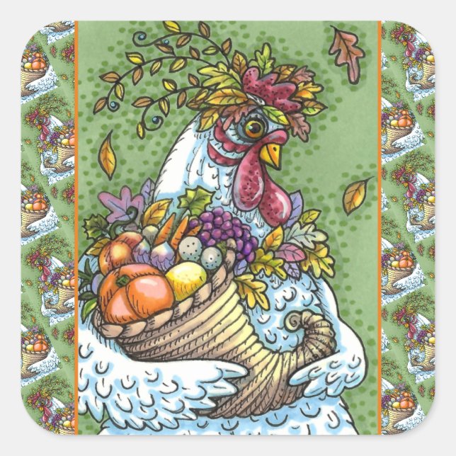 CORNUCOPIA HEN, THANKSGIVING CHICKEN HARVEST SQUARE STICKER (Front)