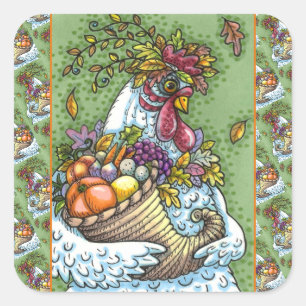 CORNUCOPIA HEN, THANKSGIVING CHICKEN HARVEST SQUARE STICKER