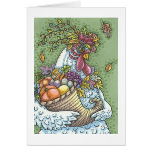 CORNUCOPIA HEN, THANKSGIVING GREETING CARD Blank