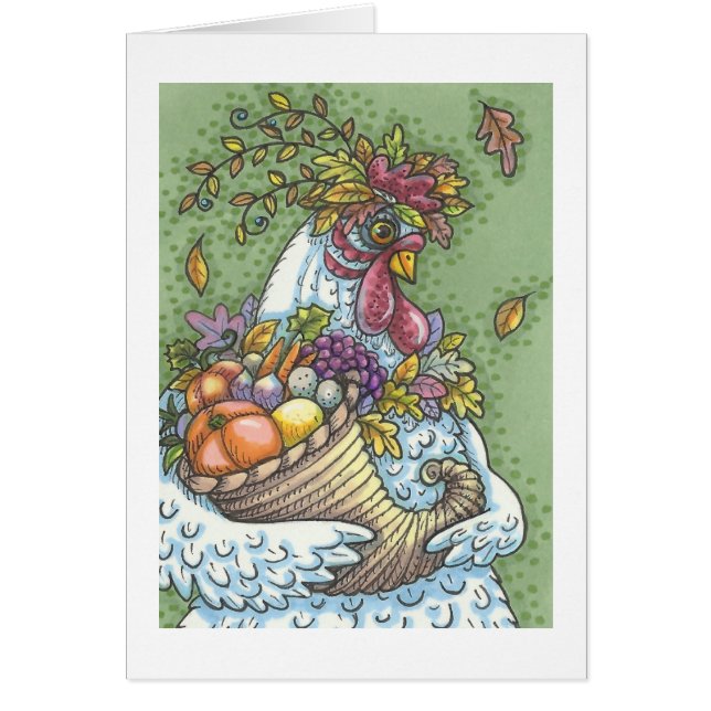 CORNUCOPIA HEN, THANKSGIVING GREETING CARD Blank (Front)
