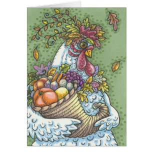 CORNUCOPIA HEN, THANKSGIVING GREETING CARD Blank