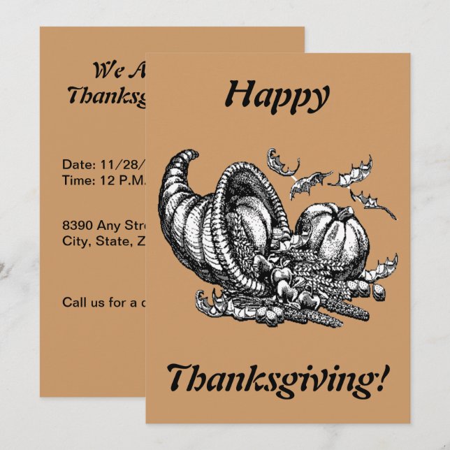 Cornucopia Line Art Holiday Thanksgiving, ZPR Invitation (Front/Back)