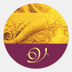 CORNUCOPIA  MONOGRAM , bright gold yellow purple Classic Round Sticker