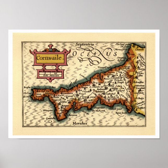 "Cornwaile" Cornwall County Map, England Poster (Front)