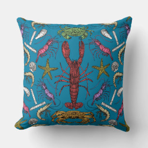 cornwall crustaceans damask pop blue throw pillow