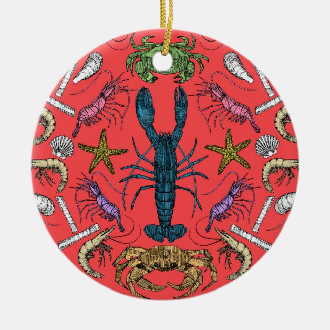cornwall crustaceans damask pop red ceramic ornament (Front)