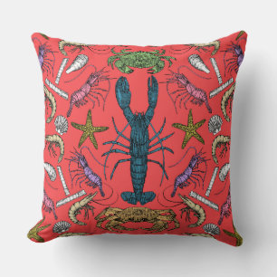 cornwall crustaceans damask pop red throw pillow