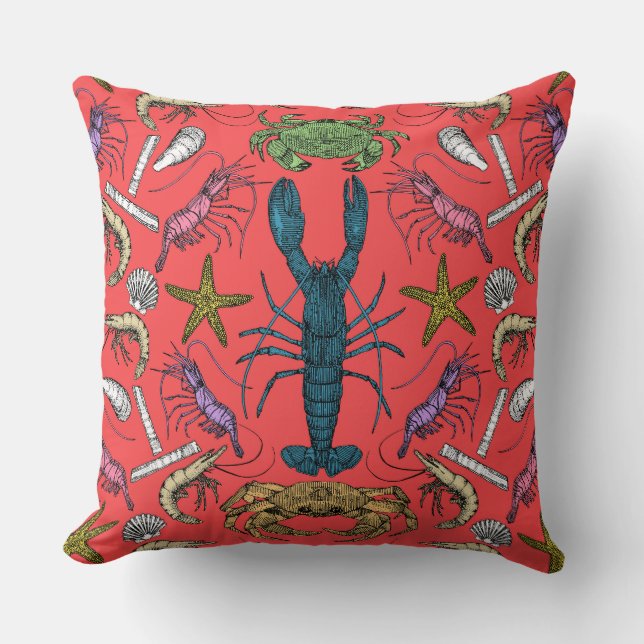 cornwall crustaceans damask pop red throw pillow (Front)