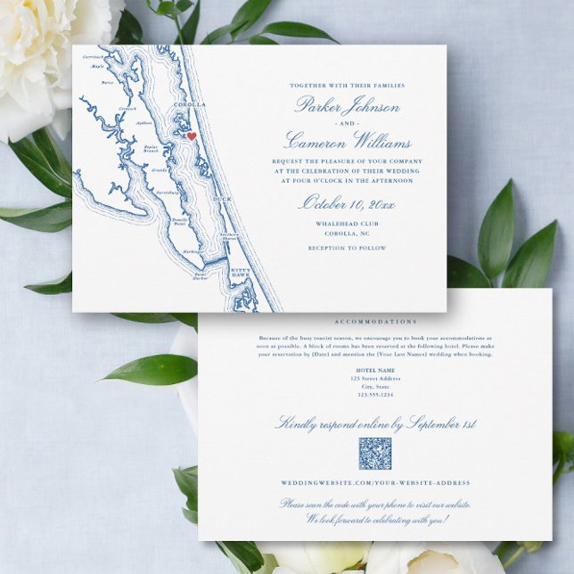 Corolla NC all-in-one QR code RSVP Blue Wedding Invitation (Corolla NC Map all in one QR code RSVP wedding invitation in elegant navy blue by Coastal Map Design)