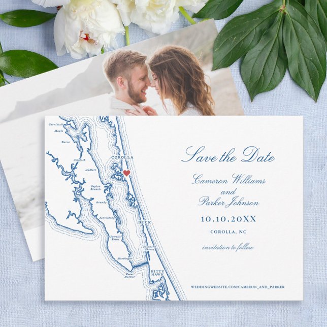 Corolla NC Map Elegant Navy Blue Wedding Save The Date (Corolla NC Map Outer Banks Wedding Photo Save The Date in Elegant Navy Blue by Coastal Map Designs)