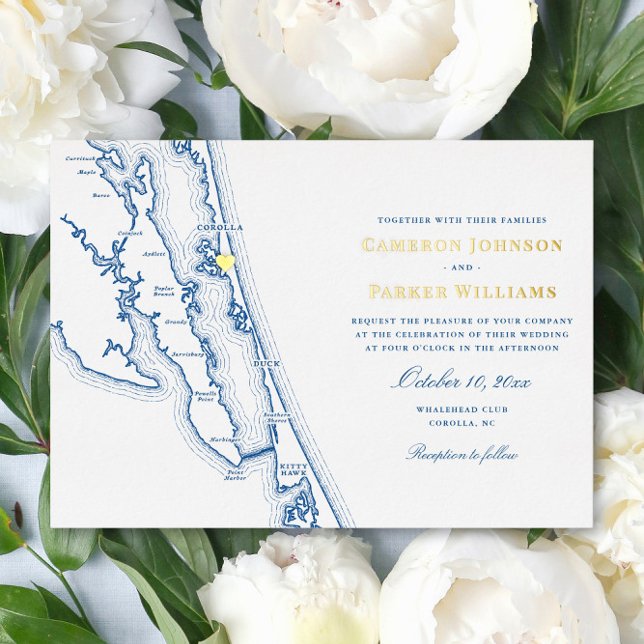 Corolla NC Map OBX Wedding Navy and Gold  (Corolla NC Map Wedding invitation with Elegant Gold Foil navy blue Outer Banks Coastal Map Designs)