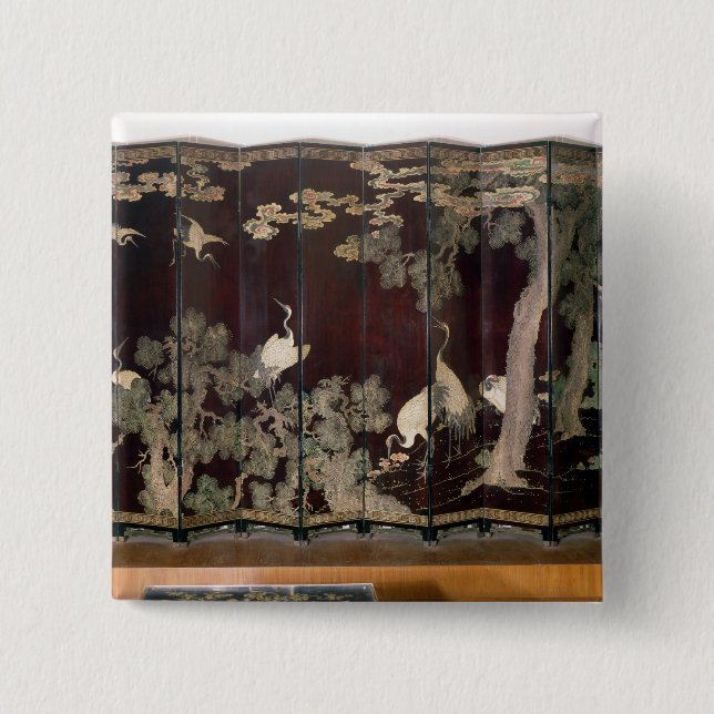 Coromandel screen depicting cranes 2 inch square button (Front)