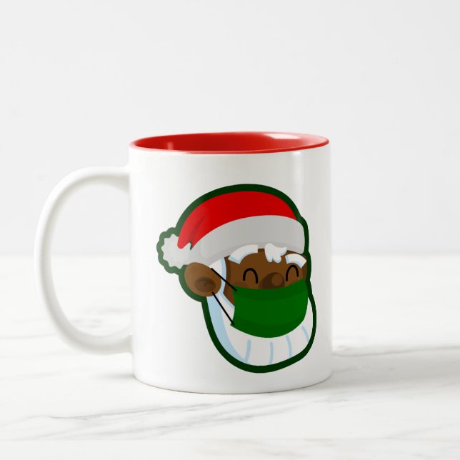 coronavirus christmas face mask black santa Two-Tone coffee mug (Left)