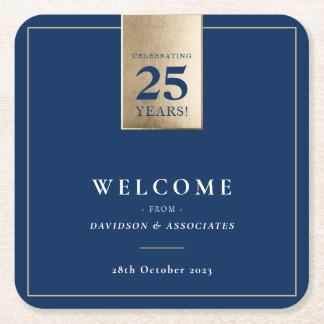 CORPORATE ANNIVERSARY business navy white gold Square Paper Coaster