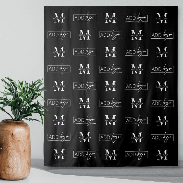 Corporate Banner Step & Repeat Two Logo Backdrop Tapestry (Minimalist black two logo step and repeat banner with space for two custom logos)