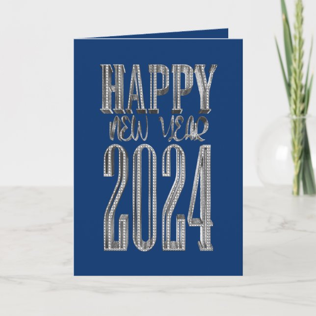 Corporate Blue Silver Grey Happy New Year 2024 Holiday Card (Front)