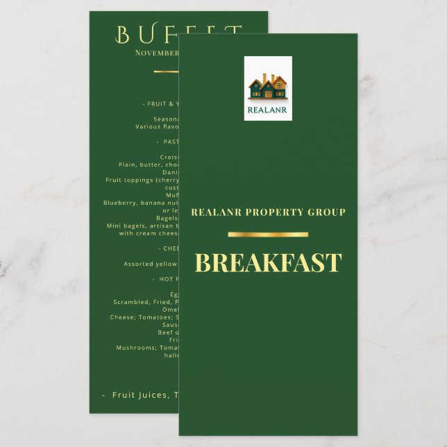 Corporate Breakfast Menu Card Logo Elegant Green (Front/Back)