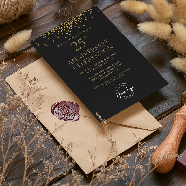Corporate Business 25th Anniversary Black Gold  Invitation (25th corporate party invitation black gold confetti design.)