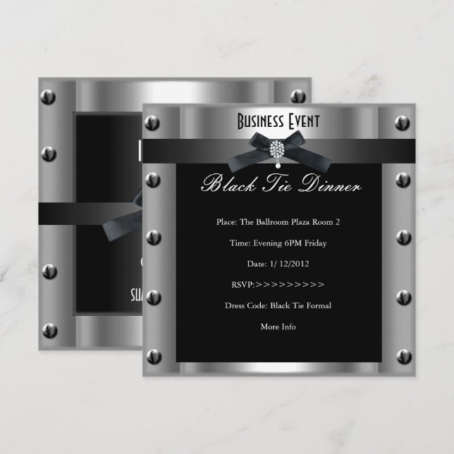 Corporate Business Formal Black Tie Silver Metal Invitation (Front/Back)