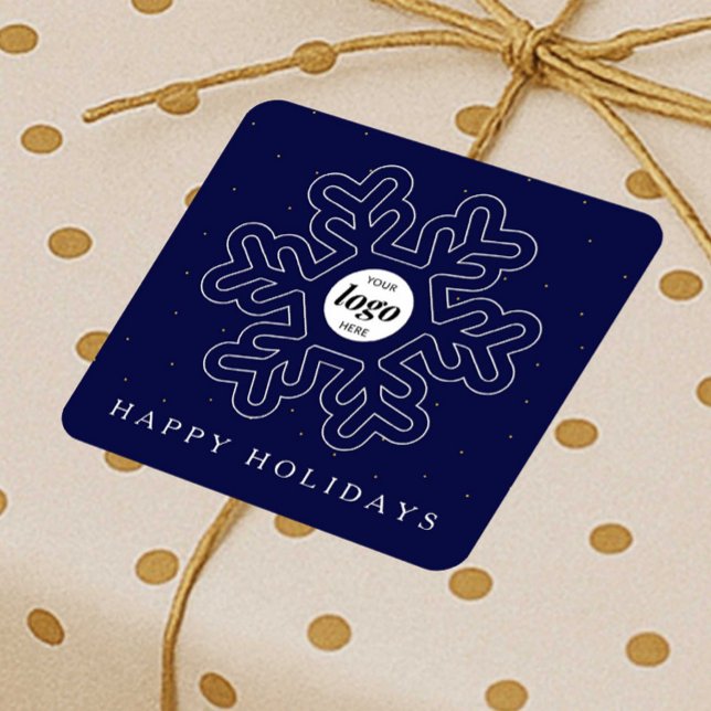 Corporate Business Logo Christmas Snowflake Navy Square Sticker (Business logo festive stickers in navy blue and white with modern snowflake design)