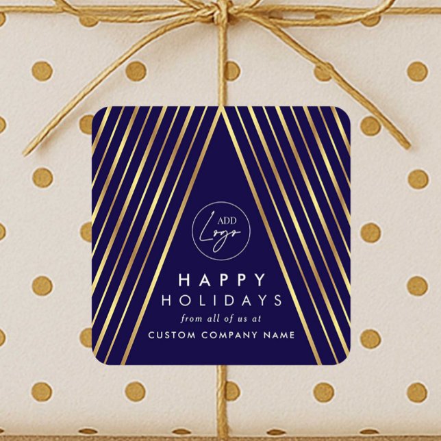 Corporate Business Logo Navy Gold Christmas Tree Square Sticker (Elegant corporate business logo festive stickers in navy & faux gold with Christmas tree design)