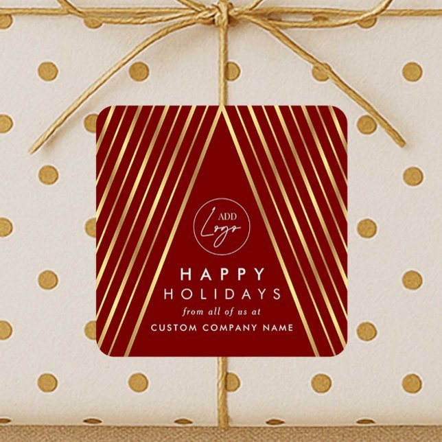Corporate Business Logo Red Gold Christmas Tree Square Sticker (Elegant corporate business logo festive stickers in red & faux gold with Christmas tree design)