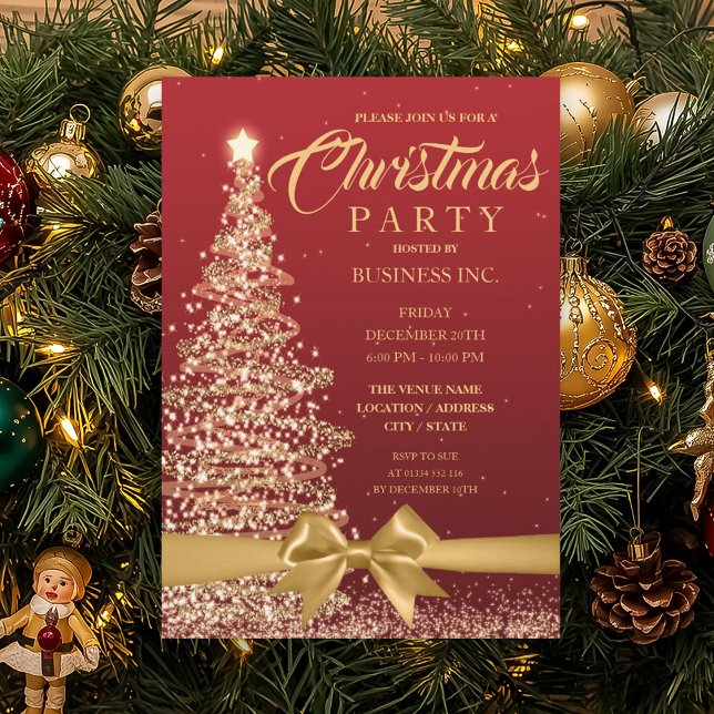 CORPORATE Christmas Tree Ribbon Red Gold Party Invitation (CORPORATE Christmas Tree Ribbon Red Gold Party Invitation)