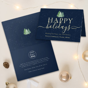 Corporate Christmas Trees Business Logo Blue Gold Foil Greeting Card