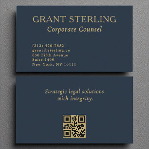 Corporate Counsel Navy Blue Gold QR Code  Business Card