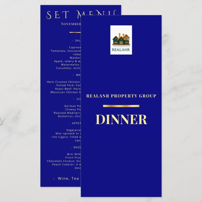 Corporate Dinner Menu Card Logo Elegant Navy Gold (Front/Back)